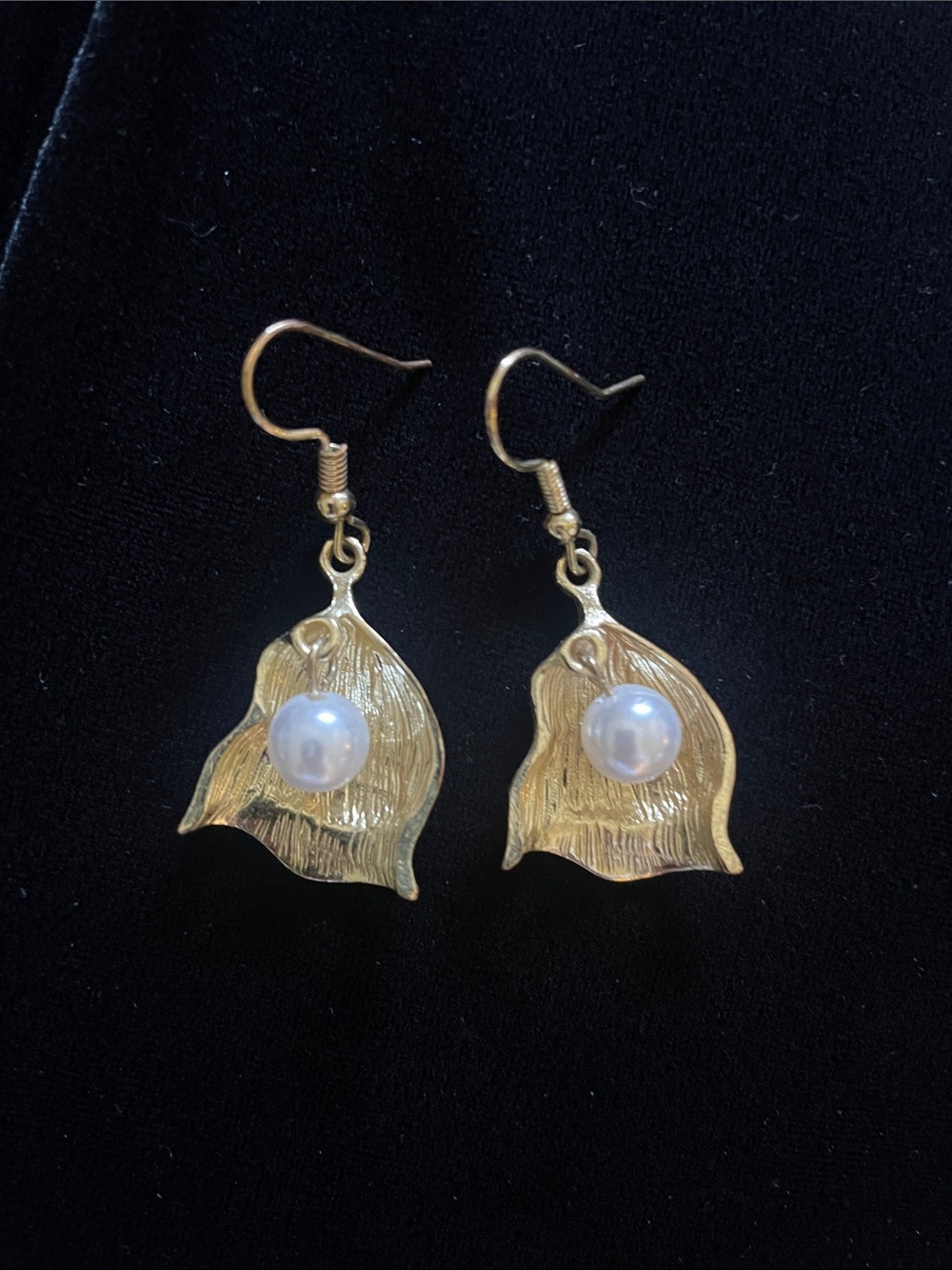 Gold Leaf Drop Earrings with White Pearl Accent